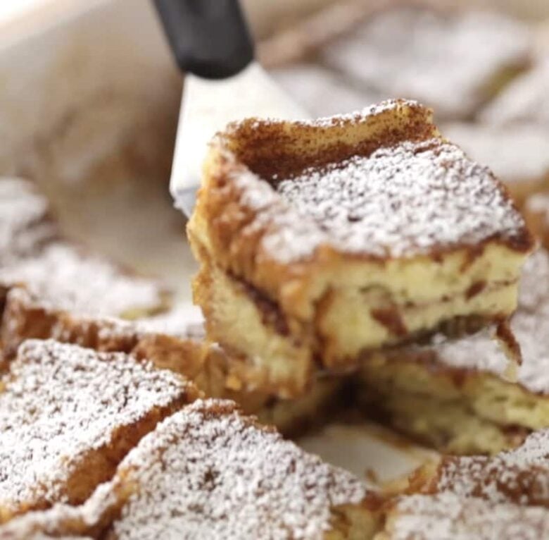 French Toast Casserole Cut and Served.