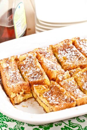 French toast casserole in baking dish.