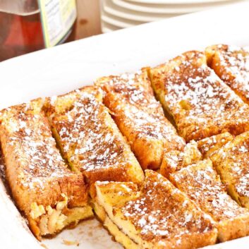 French toast casserole in baking dish.