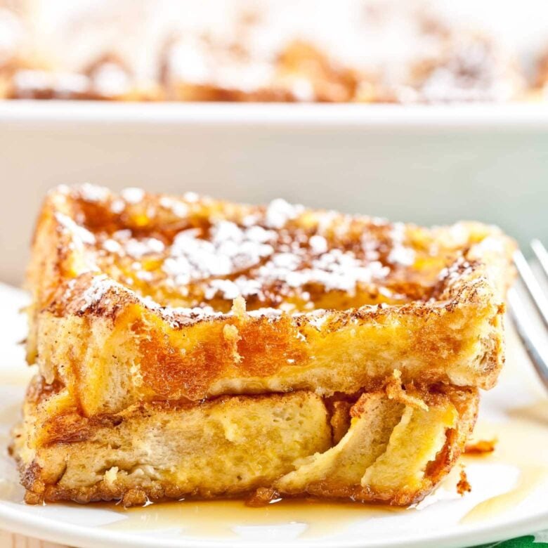 French toast casserole slices closeup.