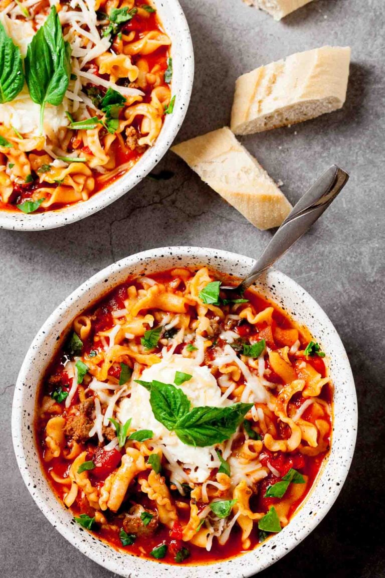 lasagna soup in bowls.