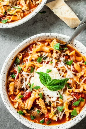 lasagna soup in a bowl with spoon