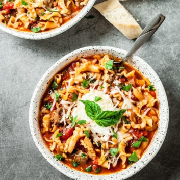 lasagna soup in a bowl with spoon