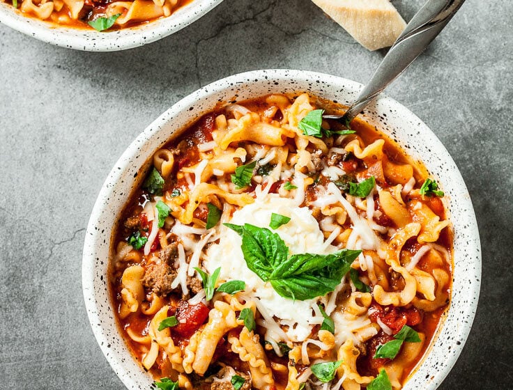 lasagna soup in a bowl with spoon