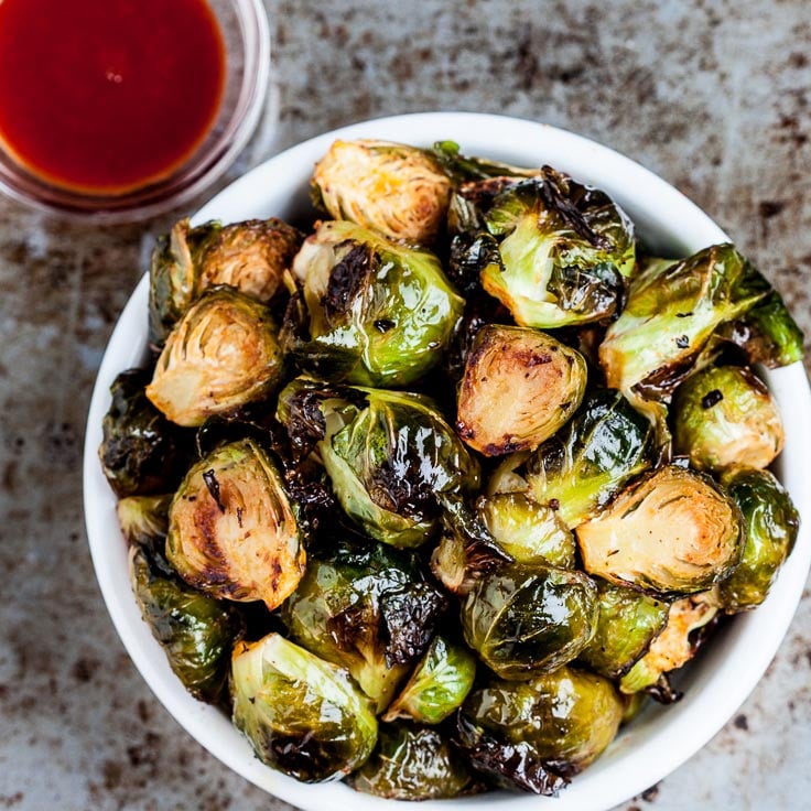 Roasted Brussels Sprouts with Honey Sriracha - Chew Out Loud