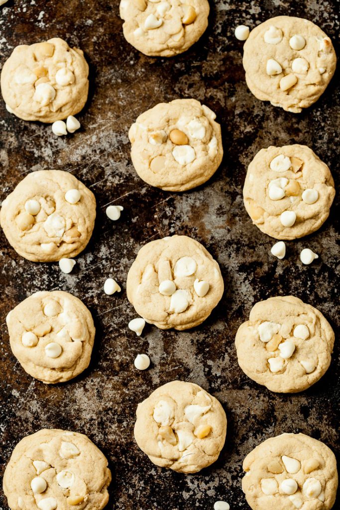 white chocolate macadamia nut cookies on a baking sheet