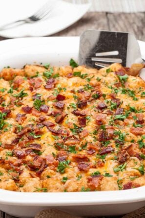 Tater Tot Casserole in White Dish.