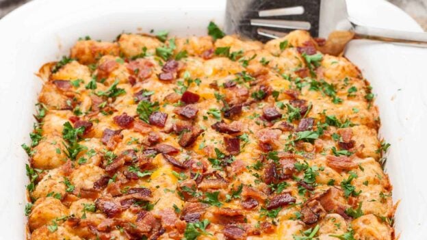 Tater Tot Casserole in White Dish.