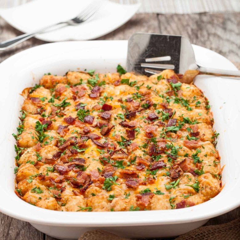Tater Tot Casserole in White Dish.