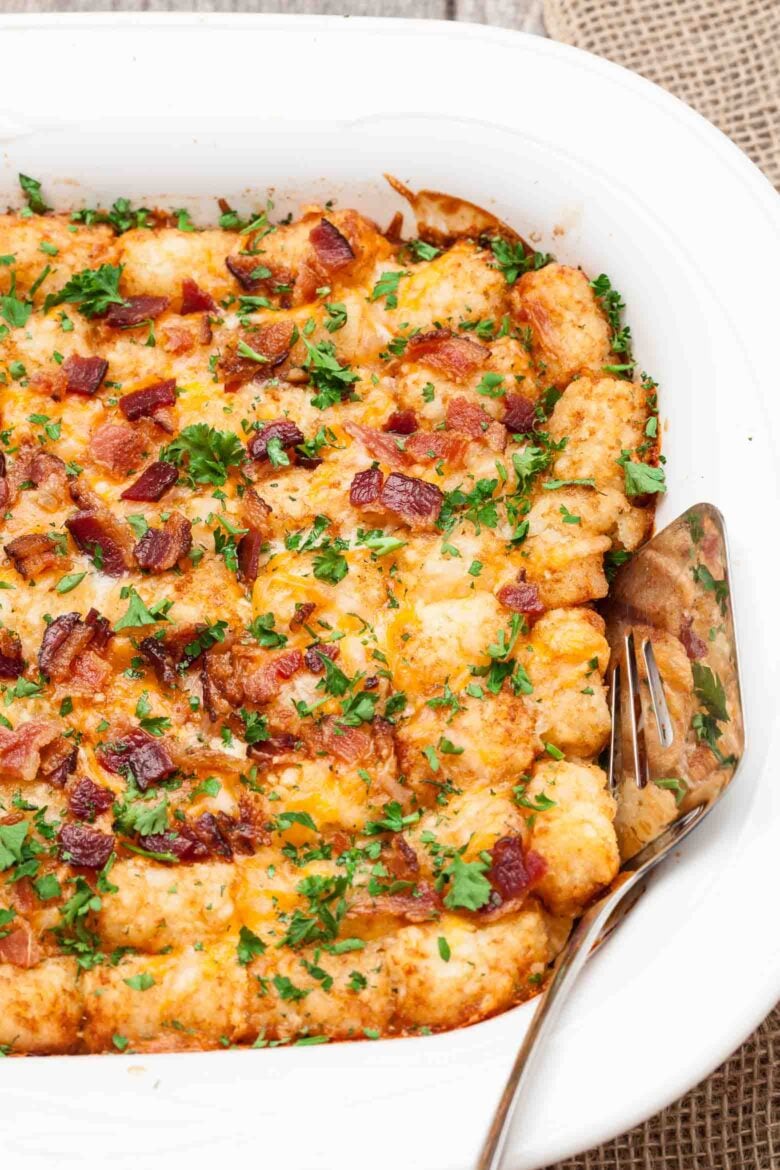 Tater Tot Casserole in baking dish.