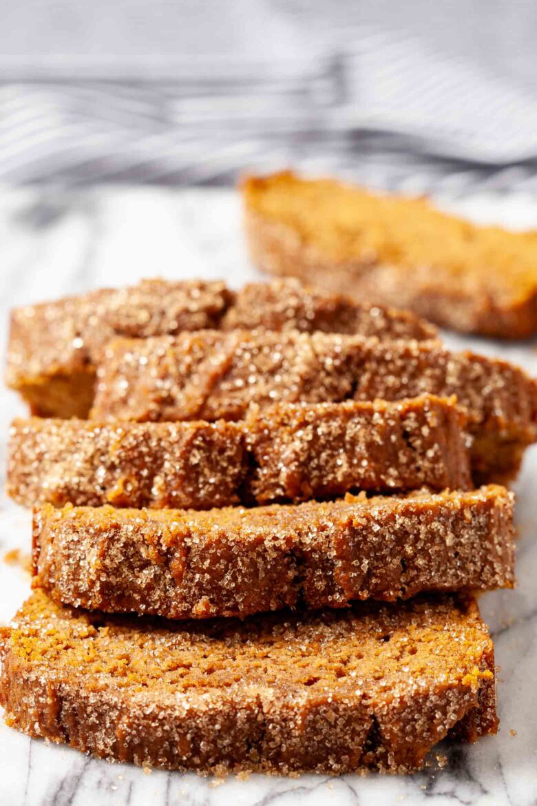 healthy pumpkin bread sliced.