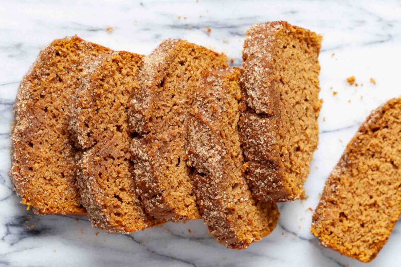 healthy pumpkin bread sliced.