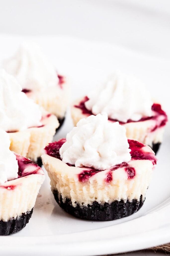 white chocolate raspberry cheesecakes with stabilized whipped cream