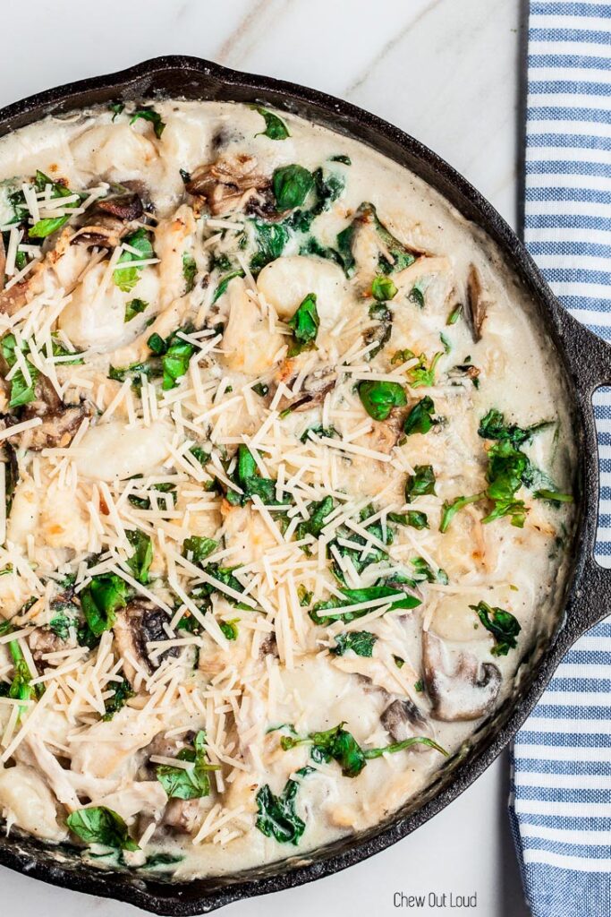 gnocchi recipe, gnocchi with spinach and chicken, skillet gnocchi, baked gnocchi