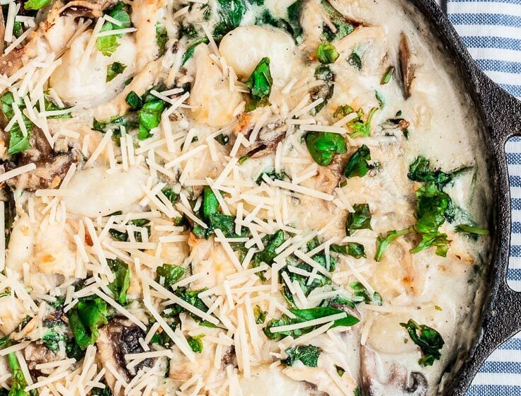 gnocchi recipe, gnocchi with spinach and chicken, skillet gnocchi, baked gnocchi