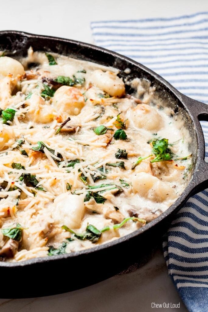 gnocchi recipe, gnocchi with spinach and chicken, skillet gnocchi, baked gnocchi