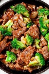 beef and broccoli in a pan