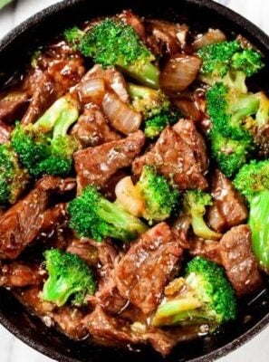 beef and broccoli in a pan