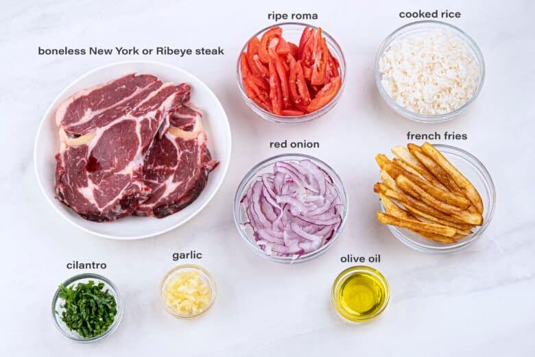 Lomo Saltado recipe ingredients labeled.