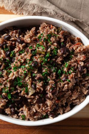 Cuban rice and beans in a white dish