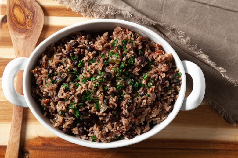 Cuban rice and beans in a white dish