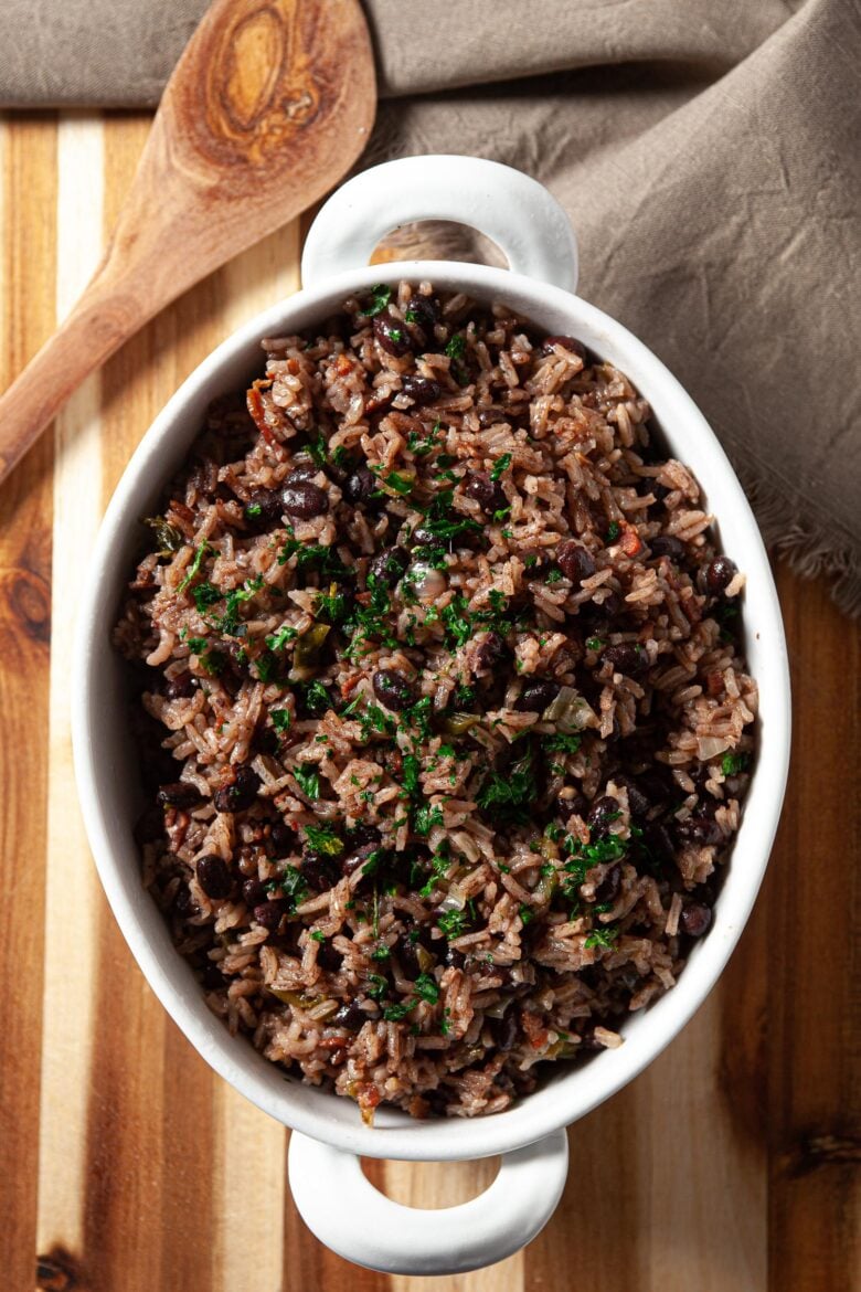 Cuban Rice and Beans in a White Dish