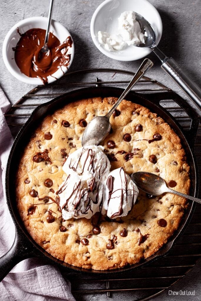 Cast Iron Skillet Chocolate Chunk Cookie - The Hurried Hostess