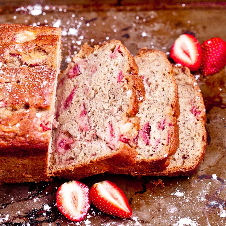 strawberry bread, strawberry banana bread, baking with strawberries