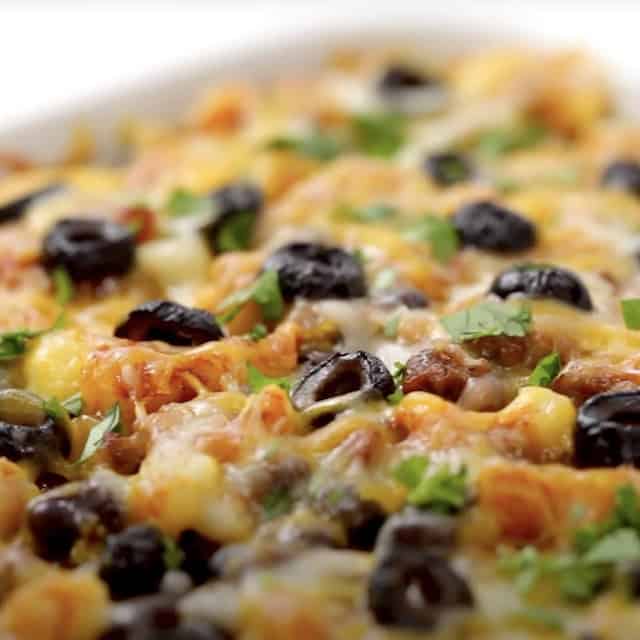 Freshly baked Mexican breakfast casserole, garnished with cilantro.