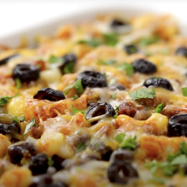 Freshly baked Mexican breakfast casserole, garnished with cilantro.