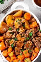 Instant Pot Beef Pot Roast in White Dish