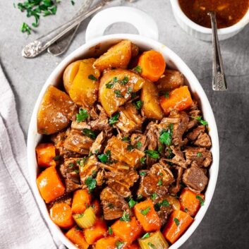 Instant Pot Beef Pot Roast in White Dish