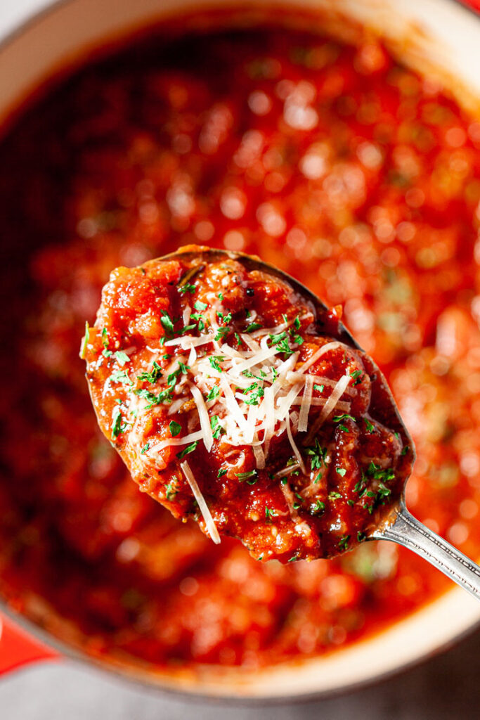 homemade spaghetti sauce on spoon