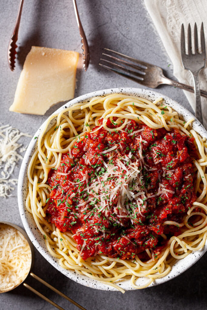 Homemade Spaghetti Sauce over noodles
