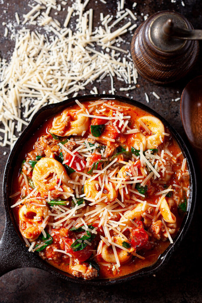 Tuscan Tortellini with Sausage and Spinach in skillet