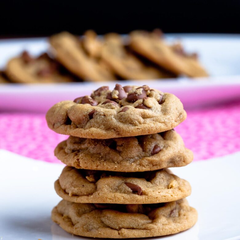 peanut butter chocolate chip cookies stacked