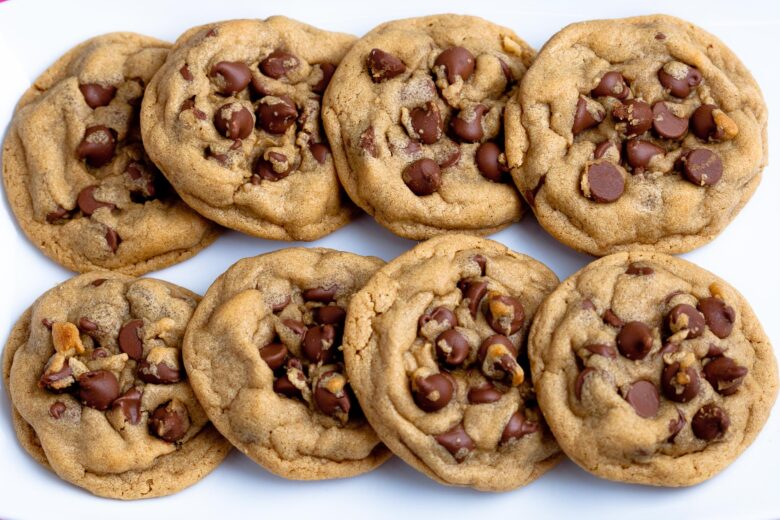 Peanut butter chocolate chip cookies on a white plate