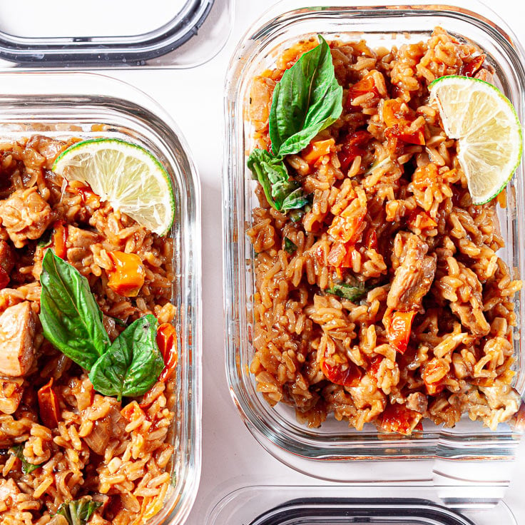 Thai chicken and rice meal prep containers