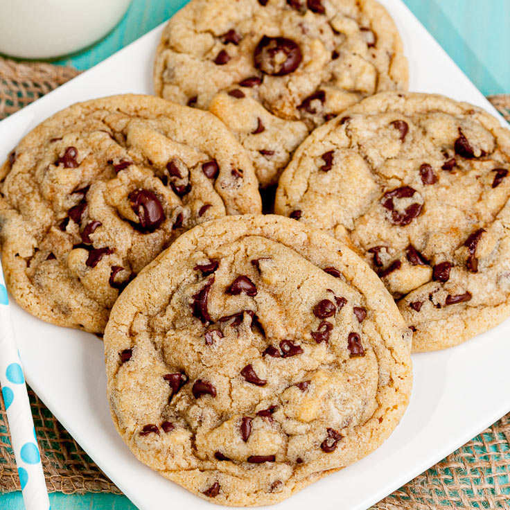 chewy chocolate chip cookies on white plate