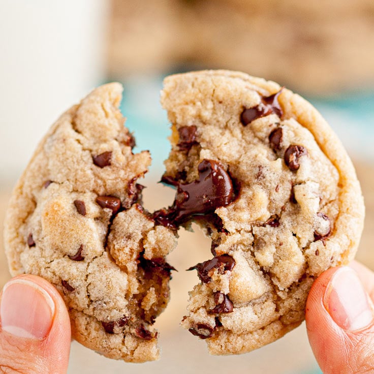 chewy chocolate chip cookies split in half