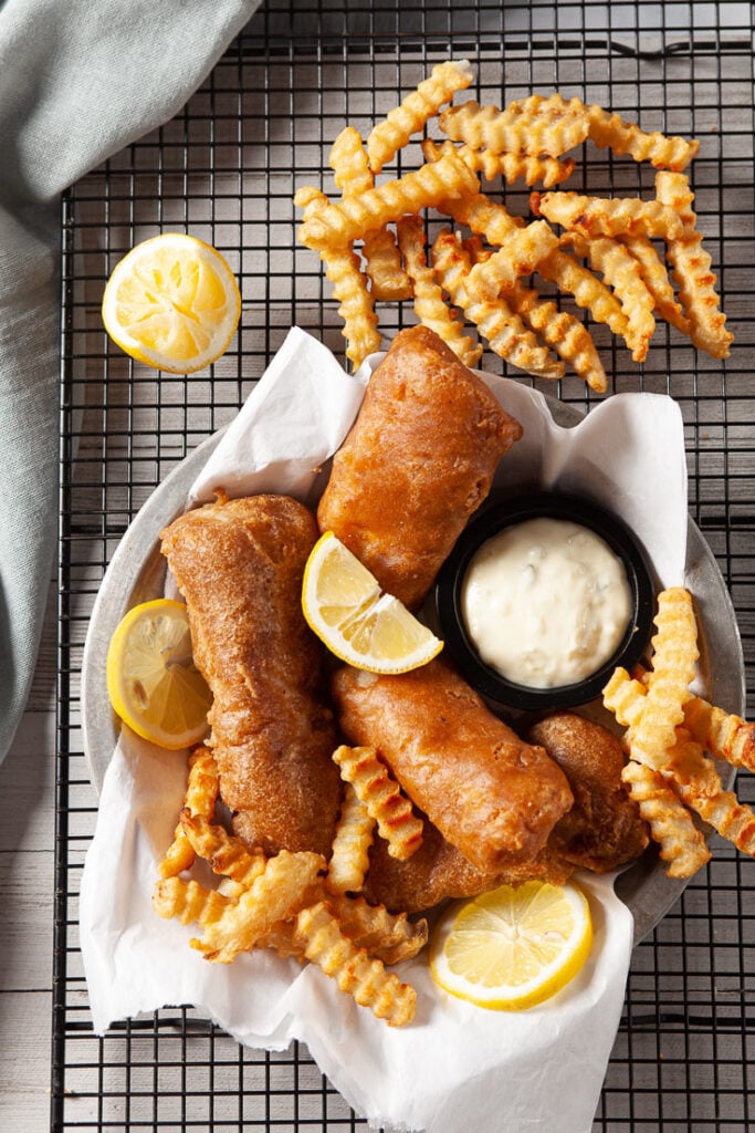 Beer Battered Fish Fry with French fries and tartar sauce