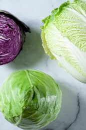 napa cabbage, red cabbage, and green cabbage