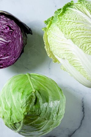 napa cabbage, red cabbage, and green cabbage