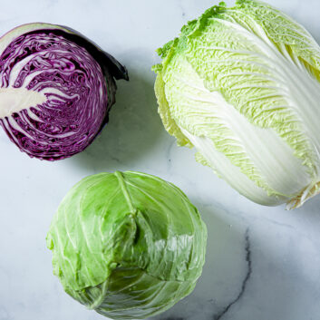 napa cabbage, red cabbage, and green cabbage