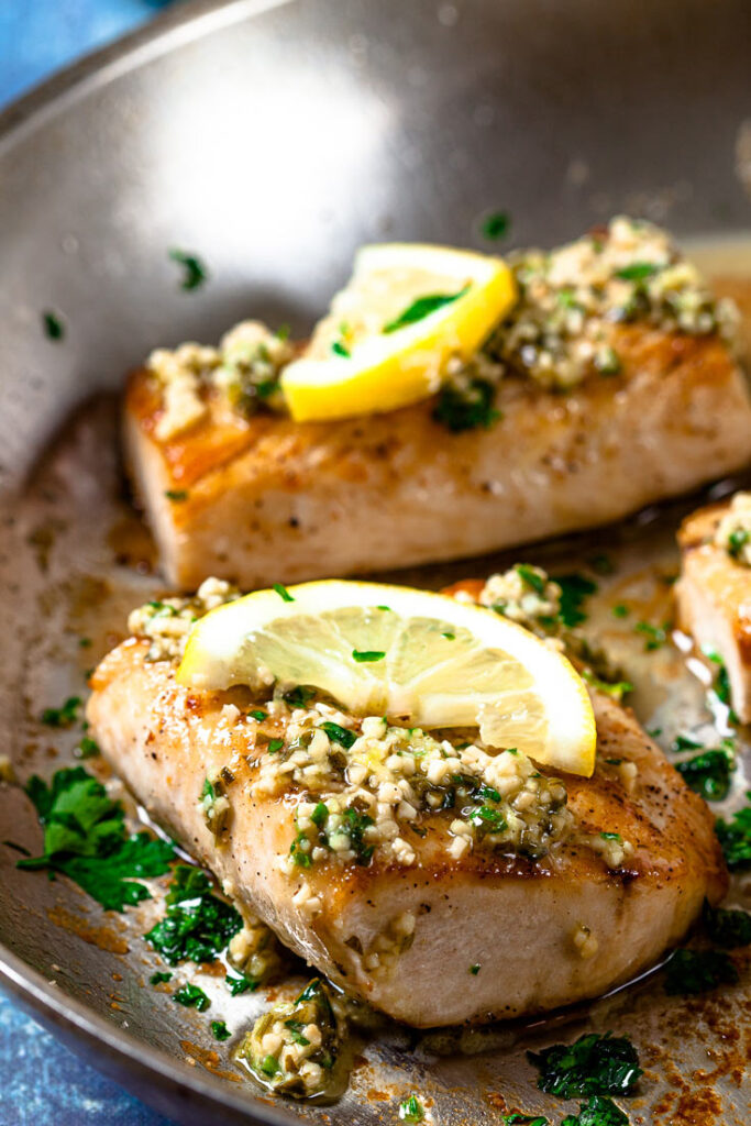 Mahi Mahi with Lemon Butter Sauce in pan