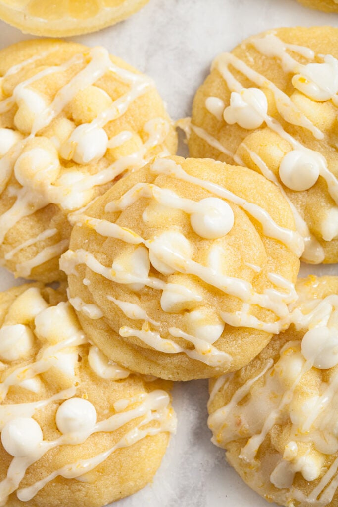 Lemon Pudding Cookies with Lemon Glaze and White Chocolate Chips