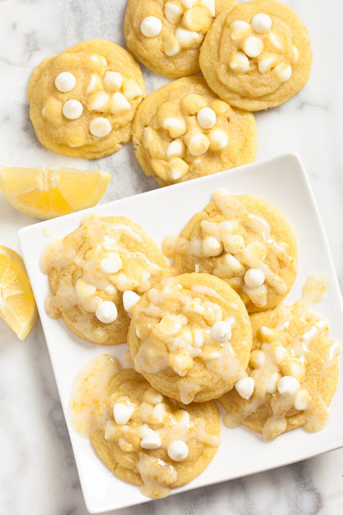 Lemon Pudding Cookies with Lemon Glaze and White Chocolate Chips