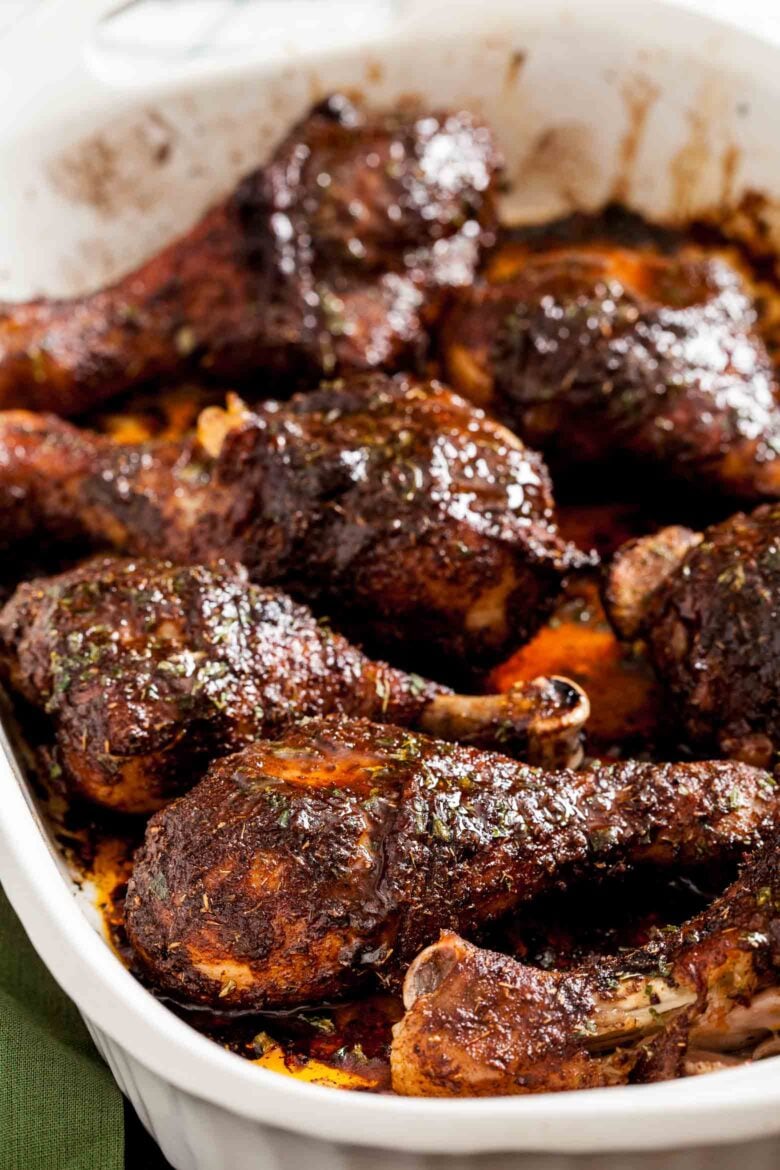 jamaican jerk chicken in a baking dish.