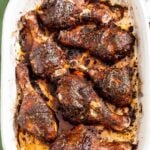 jamaican jerk chicken in a baking dish.