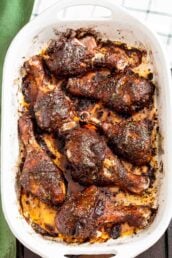 jamaican jerk chicken in a baking dish.